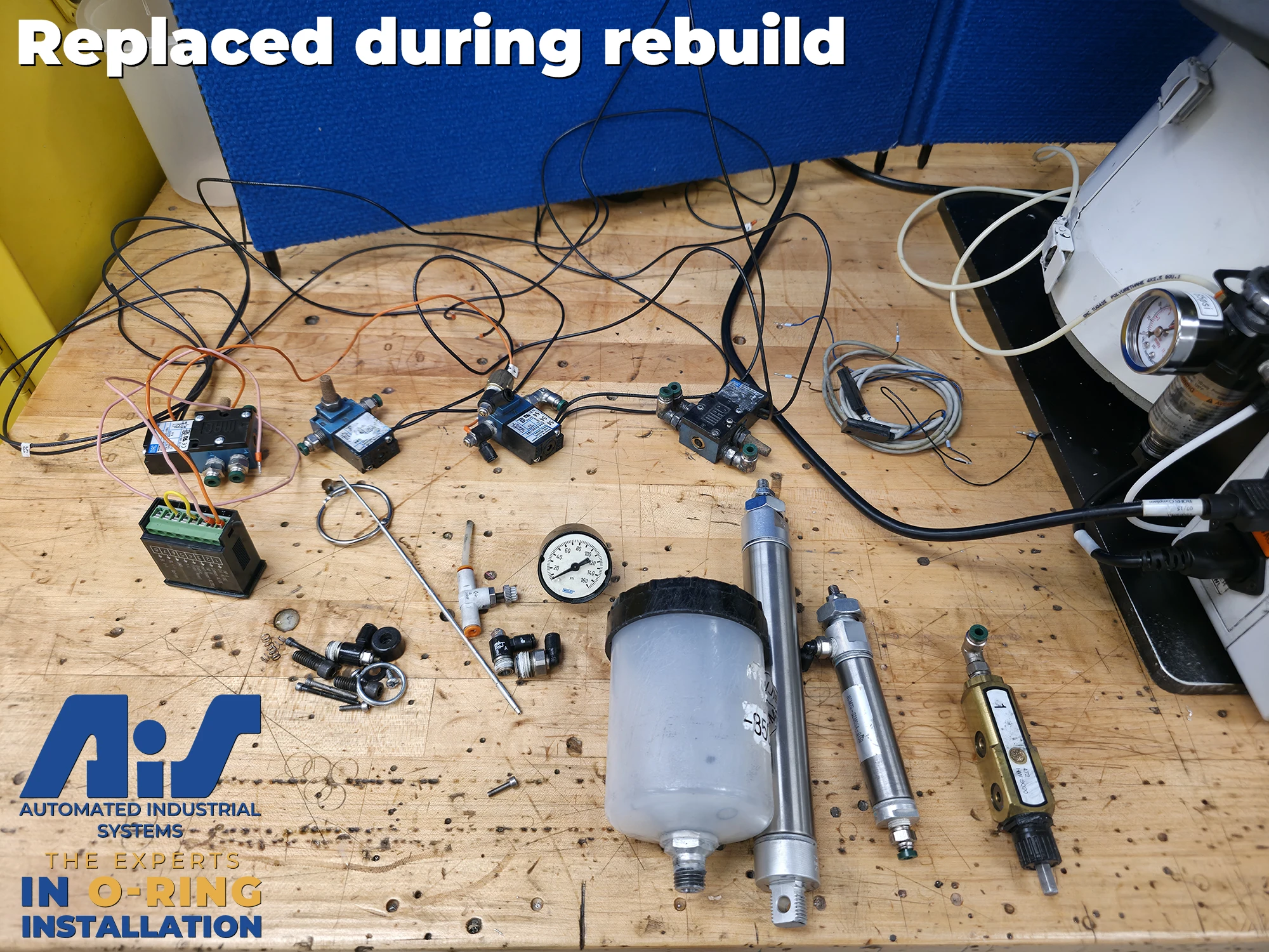 These are the parts being replaced after the rebuilding process for AIS O-Ring installation machines.